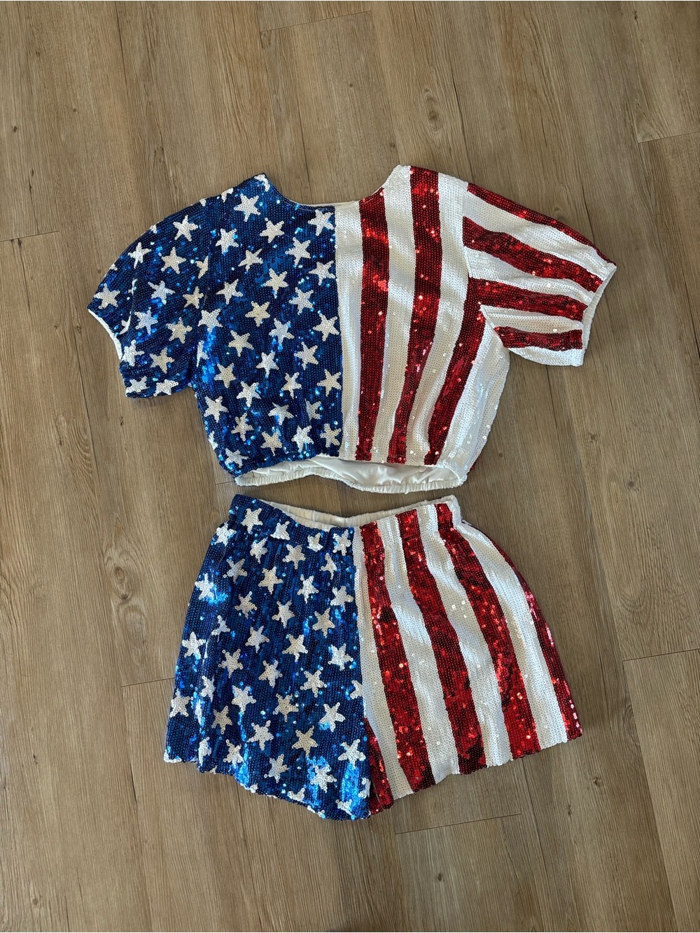 Sequin American Flag Crop Tee & Shorts Set - Red, White & Blue